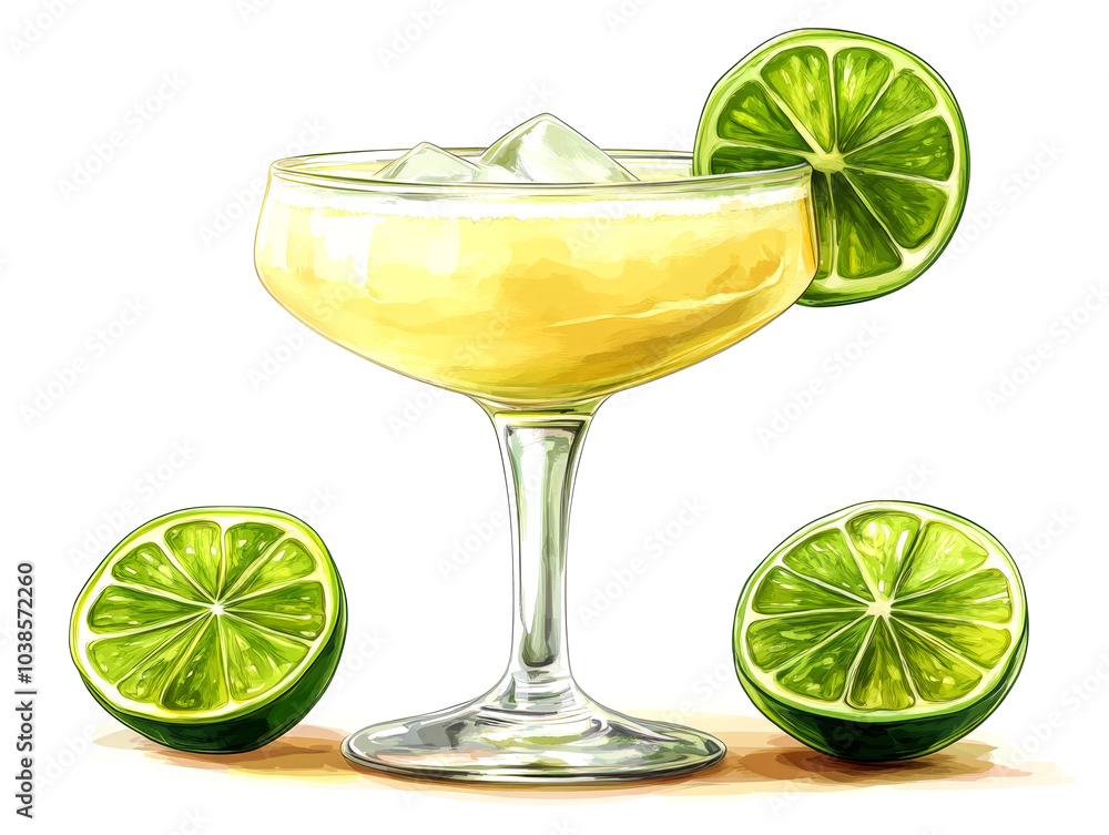 A refreshing margarita cocktail with lime wedges and ice cubes in a coupe glass. A refreshing margarita cocktail with lime wedges and ice cubes in a coupe glass.