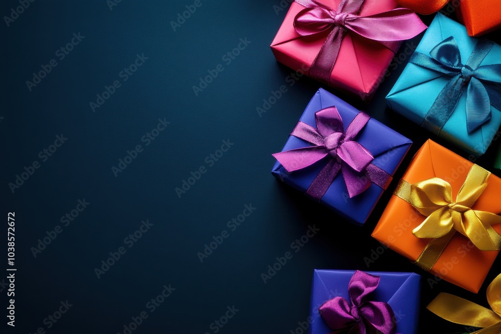 A variety of saturated gift boxes in bright colors sit against a dark surface, each adorned with coordinating bows, perfect for festivities. Generative AI A variety of saturated gift boxes in bright colors sit against a dark surface, each adorned with coordinating bows, perfect for festivities. Generative AI