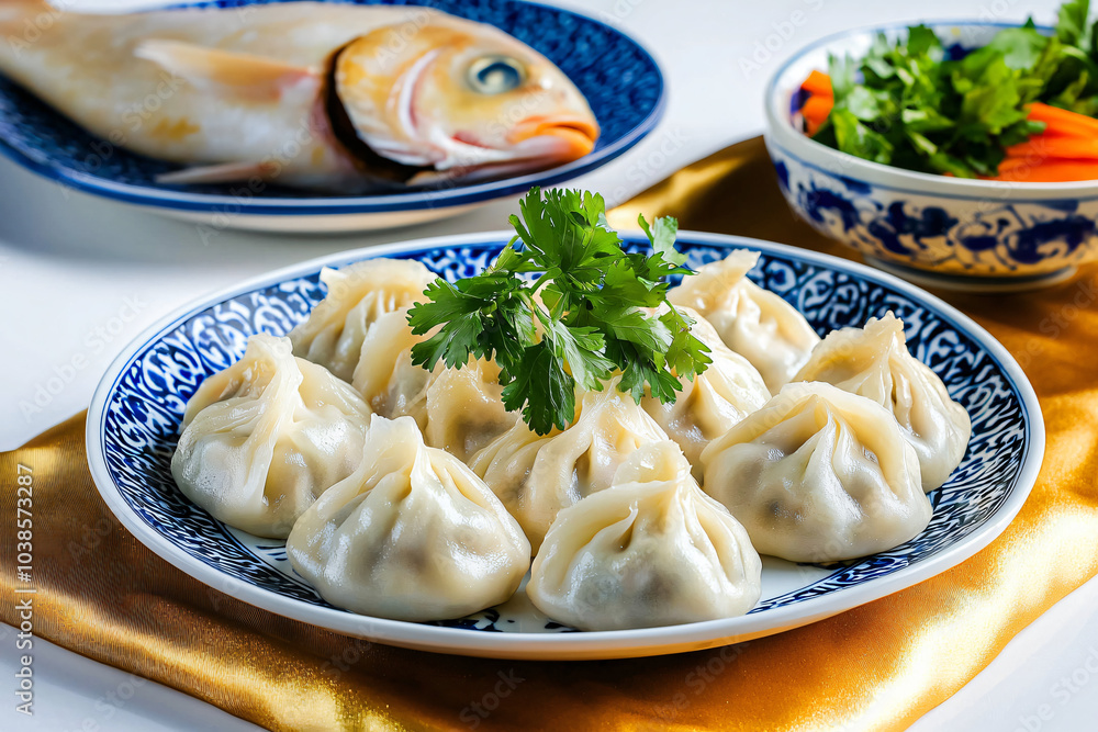 steamed dumplings on golden silk, whole fish centerpiece, traditional ceramic plates steamed dumplings on golden silk, whole fish centerpiece, traditional ceramic plates