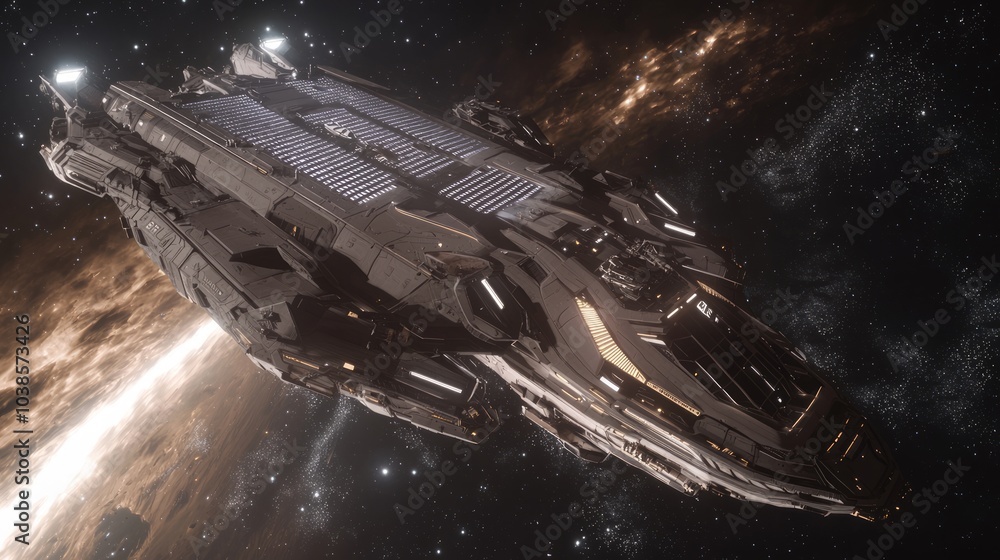 Futuristic Sci-Fi Spaceship Drifting Through Space with Solar Panels - Ultra-Detailed Ray Tracing Illustration Futuristic Sci-Fi Spaceship Drifting Through Space with Solar Panels - Ultra-Detailed Ray Tracing Illustration