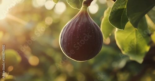 A ripe fig hanging from a tree branch.