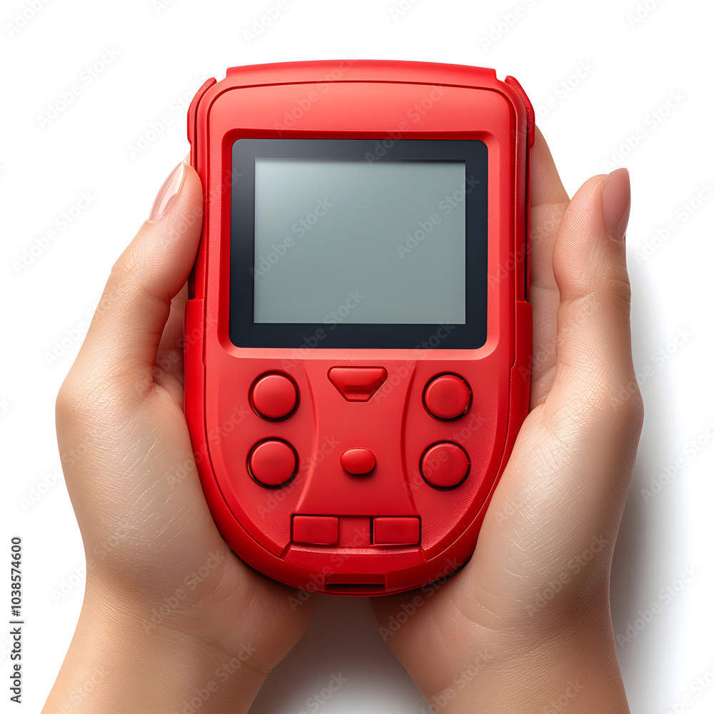 Macro Shot of a Perfect Red Glucometer Held in Hands Against White Background Macro Shot of a Perfect Red Glucometer Held in Hands Against White Background