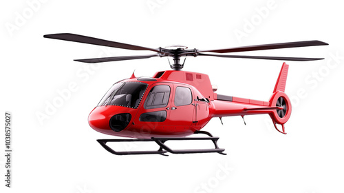 Red helicopter in flight with rotors spinning on transparent background