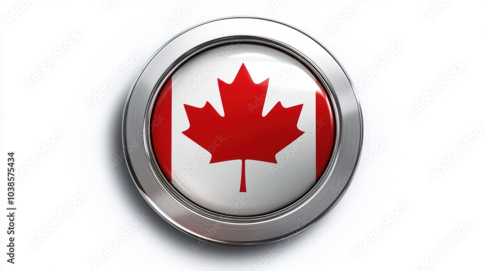 A circular button with a sleek metal border, featuring the flag of Canada in the center. The illustration is isolated on a clean white background, suitable for various design applications. A circular button with a sleek metal border, featuring the flag of Canada in the center. The illustration is isolated on a clean white background, suitable for various design applications.