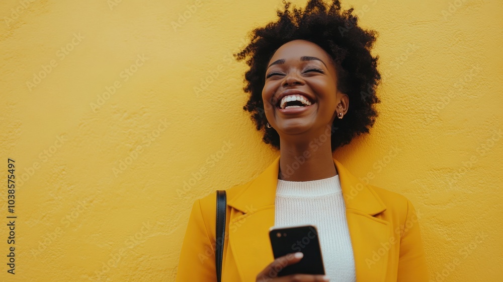 Bright, stylish woman holding a phone and laughing against soft yellow wall