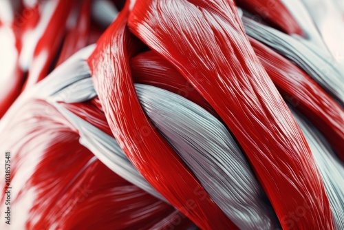 A close-up view showcases the intricate textures of a red and white muscle, emphasizing anatomical details and coloration. Generative AI