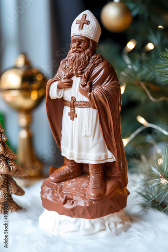 Statuette en chocolat de Saint Nicolas avec décorations de Noël photo