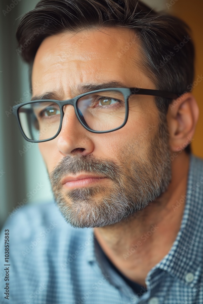 A thoughtful man with glasses, appearing reflective as he looks out a window with a pensive expression. A thoughtful man with glasses, appearing reflective as he looks out a window with a pensive expression.