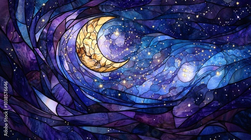 Stained Glass Night Sky with Crescent Moon and Stars