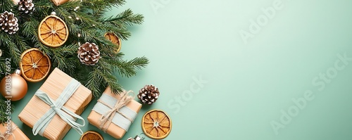 A beautiful, eco-friendly Christmas tree decorated with handmade, zero-waste ornaments made from natural materials like wood, dried orange slices, and pinecones, surrounded by sust photo