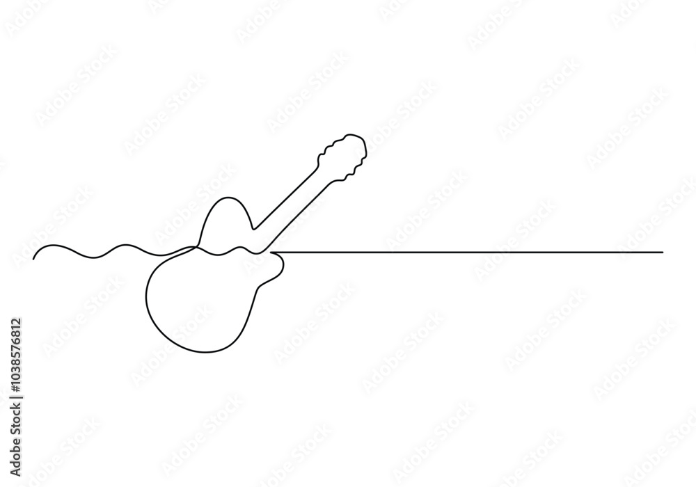 One line drawing of wooden classic acoustic guitar. Modern stringed music instruments concept continuous line draw design vector illustration One line drawing of wooden classic acoustic guitar. Modern stringed music instruments concept continuous line draw design vector illustration
