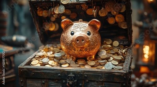 Gilded Piggy Bank in Treasure Chest Overflowing with Coins