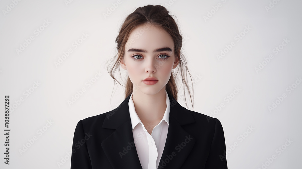 A striking portrait of an elegant young woman in professional attire, showcasing confidence and beauty against a simple neutral background. A striking portrait of an elegant young woman in professional attire, showcasing confidence and beauty against a simple neutral background.