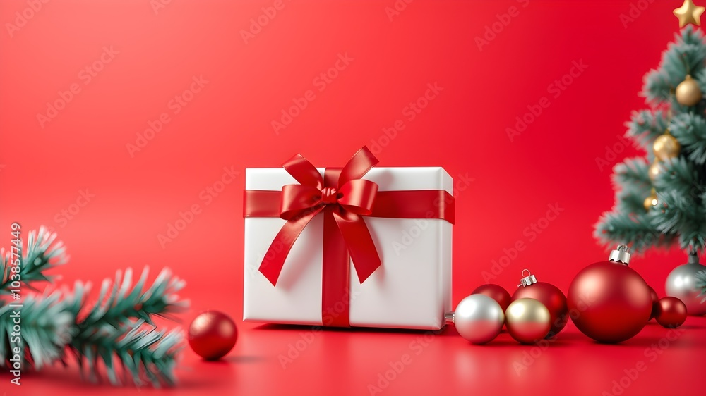 Christmas Gift with Red Ribbon and Ornaments on Red Background Christmas Gift with Red Ribbon and Ornaments on Red Background
