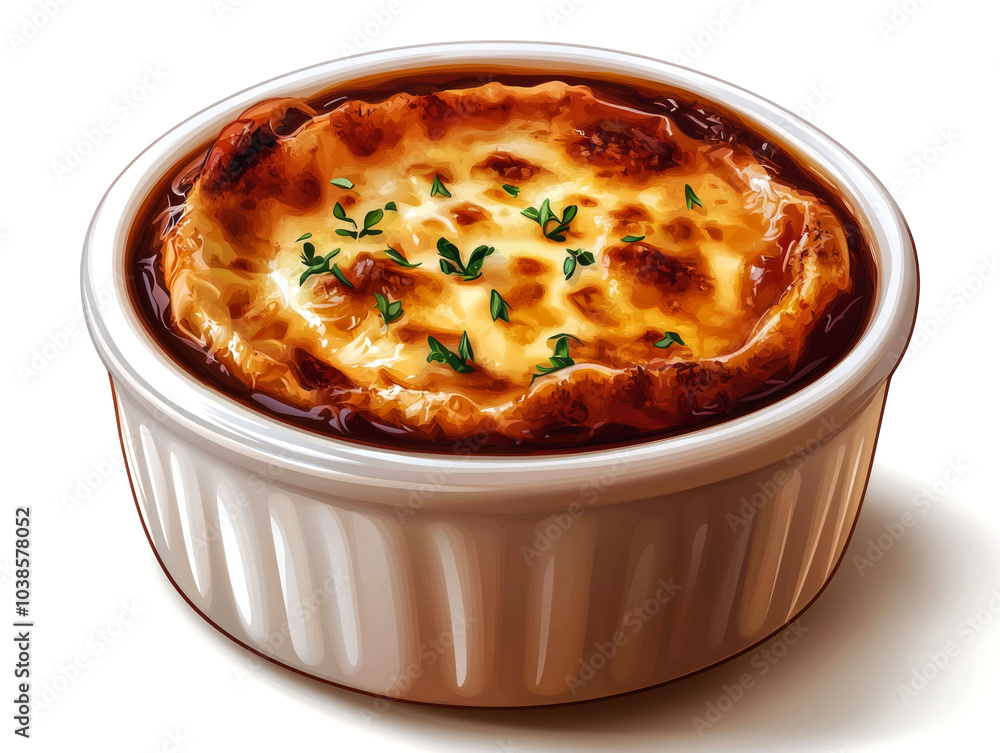Close-up of a single serving of French onion soup with a golden brown crust of melted cheese, garnished with fresh thyme, in a white ramekin. Close-up of a single serving of French onion soup with a golden brown crust of melted cheese, garnished with fresh thyme, in a white ramekin.