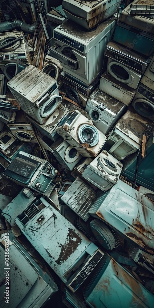 Old washing machines piled up in the junkyard.