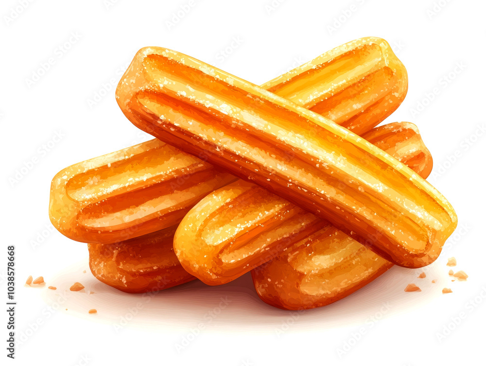 Four churros dusted with sugar on a white background. Four churros dusted with sugar on a white background.