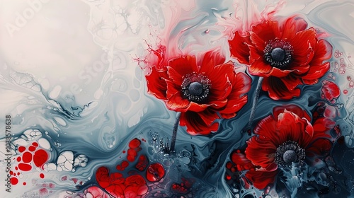 The image features a striking abstract painting that showcases vibrant red flowers with intricate petals set against a swirling, marbled background. The background consists of an interplay of soft gre