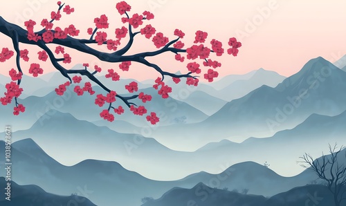 Wallpaper Mural Cherry_branch_adorned_with_red_blossoms_extends_across,generation AI Torontodigital.ca