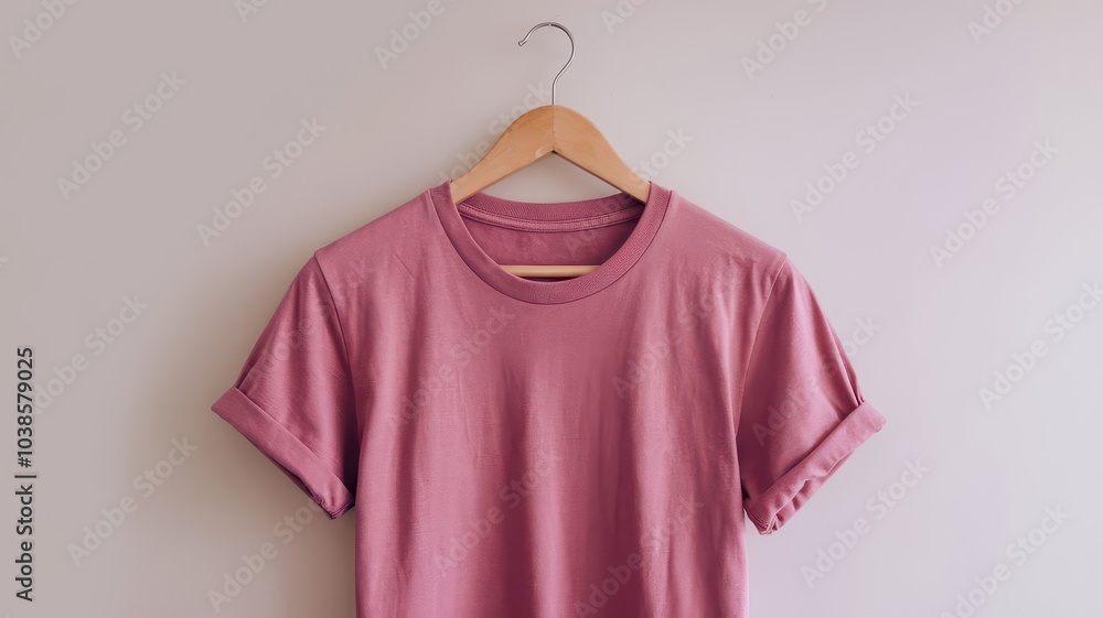 A rack of shirts, rose pink color t-shirt hanging on a hanger for mockup, simple rose pink plain tee t-shirt hanging on wooden hanger with plain background for summer tee, clothes, apparel, clothing A rack of shirts, rose pink color t-shirt hanging on a hanger for mockup, simple rose pink plain tee t-shirt hanging on wooden hanger with plain background for summer tee, clothes, apparel, clothing