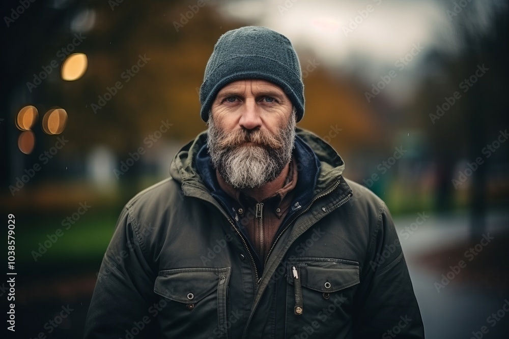 Portrait of a bearded man in a winter jacket and hat. Portrait of a bearded man in a winter jacket and hat.