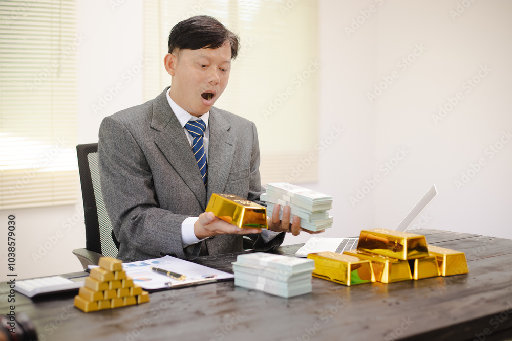 Illustration of businessman working hard with gold bars, evaluating investments and transactions in financial office, demonstrating asset allocation and precious metals trading strategies. Illustration of businessman working hard with gold bars, evaluating investments and transactions in financial office, demonstrating asset allocation and precious metals trading strategies.