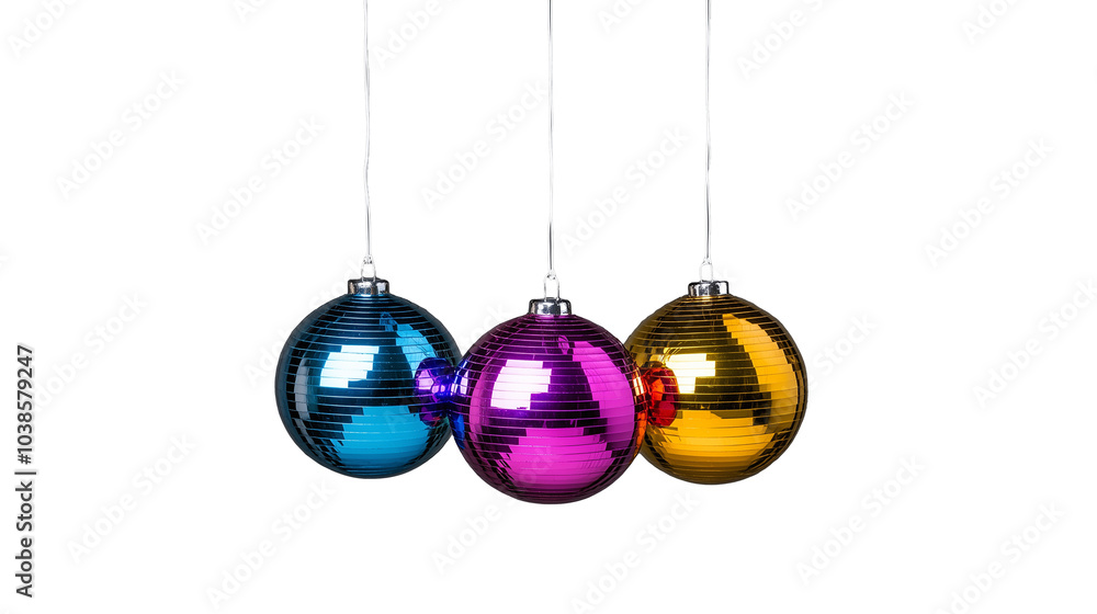 Set of three colorful metallic balls in pink, blue, and gold on transparent background Set of three colorful metallic balls in pink, blue, and gold on transparent background