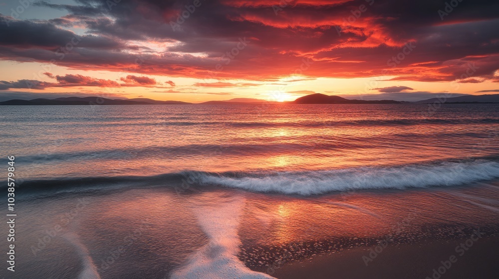 Stunning sunset over the ocean, with red and orange skies and waves gently lapping at the shore, offering a tranquil coastal view. Stunning sunset over the ocean, with red and orange skies and waves gently lapping at the shore, offering a tranquil coastal view.