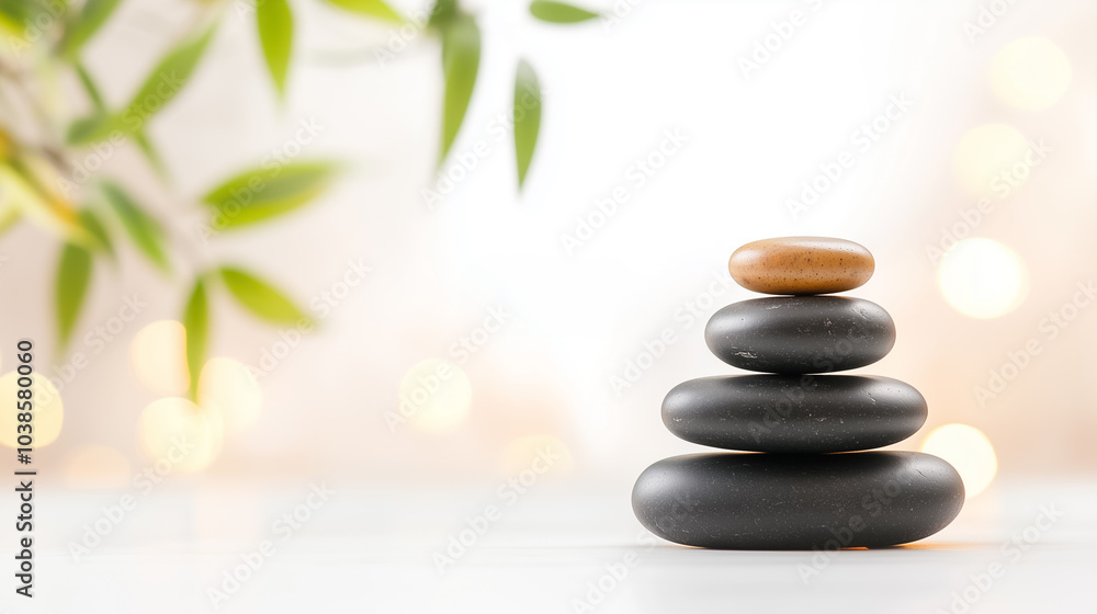 Obraz premium Stacked basalt stones create a peaceful atmosphere complemented by bamboo, enhancing relaxation and mindfulness