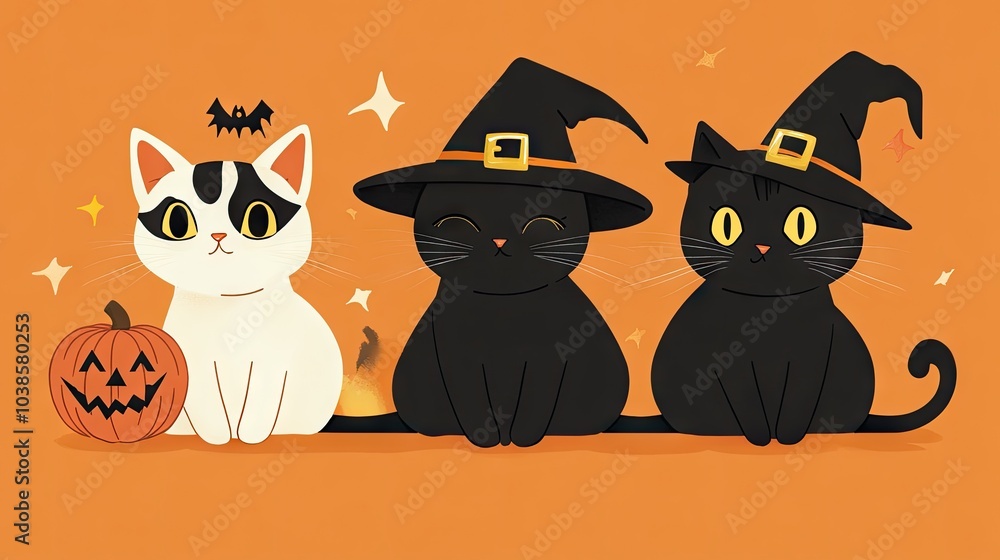 Three cats in Halloween costumes, complete with witch hats and pumpkins, sitting together against an orange background. Three cats in Halloween costumes, complete with witch hats and pumpkins, sitting together against an orange background.