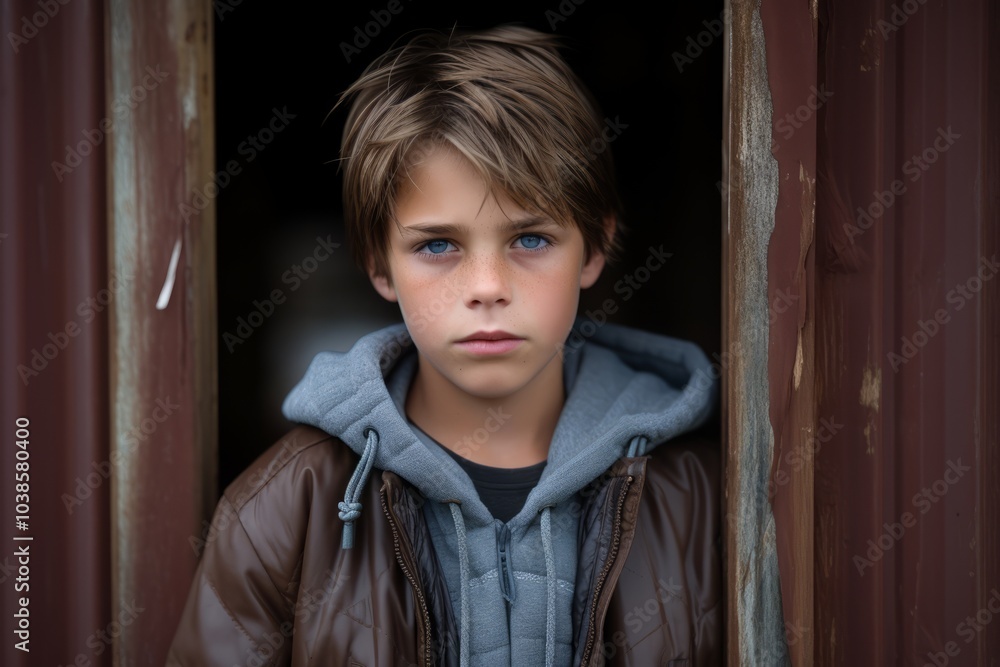 Portrait of a boy in the doorway of an old house. Portrait of a boy in the doorway of an old house.