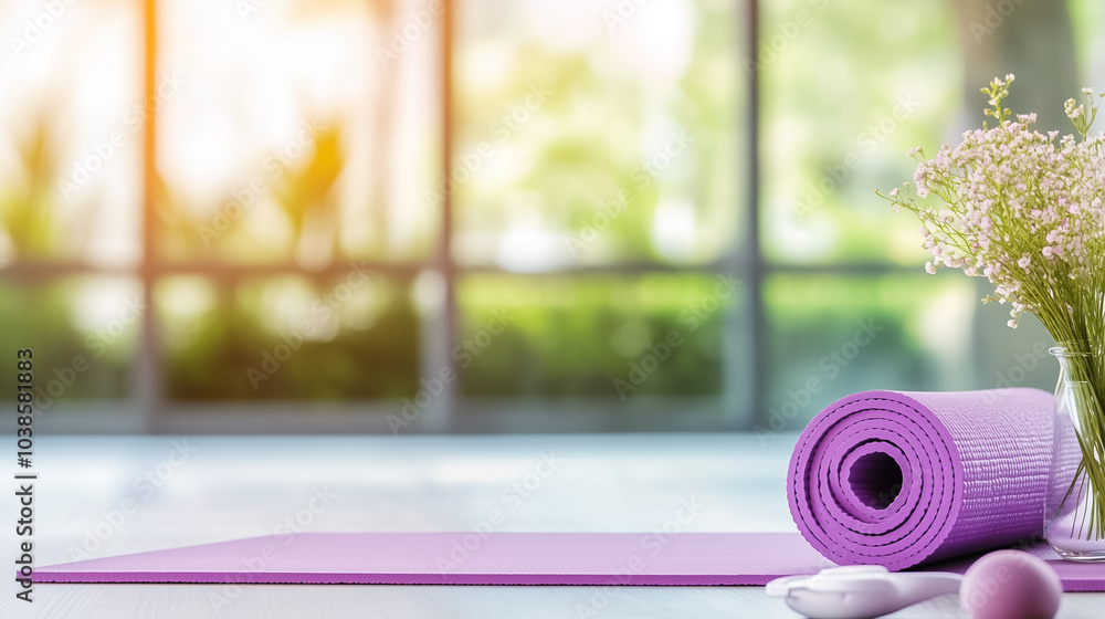 A serene yoga setup features a rolled mat and accessories with flowers in a bright, calm indoor space A serene yoga setup features a rolled mat and accessories with flowers in a bright, calm indoor space