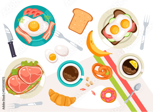 Top view food dish table meal dinner lunch breakfast menu eat ingredients concept. Vector cartoon graphic design element illustration