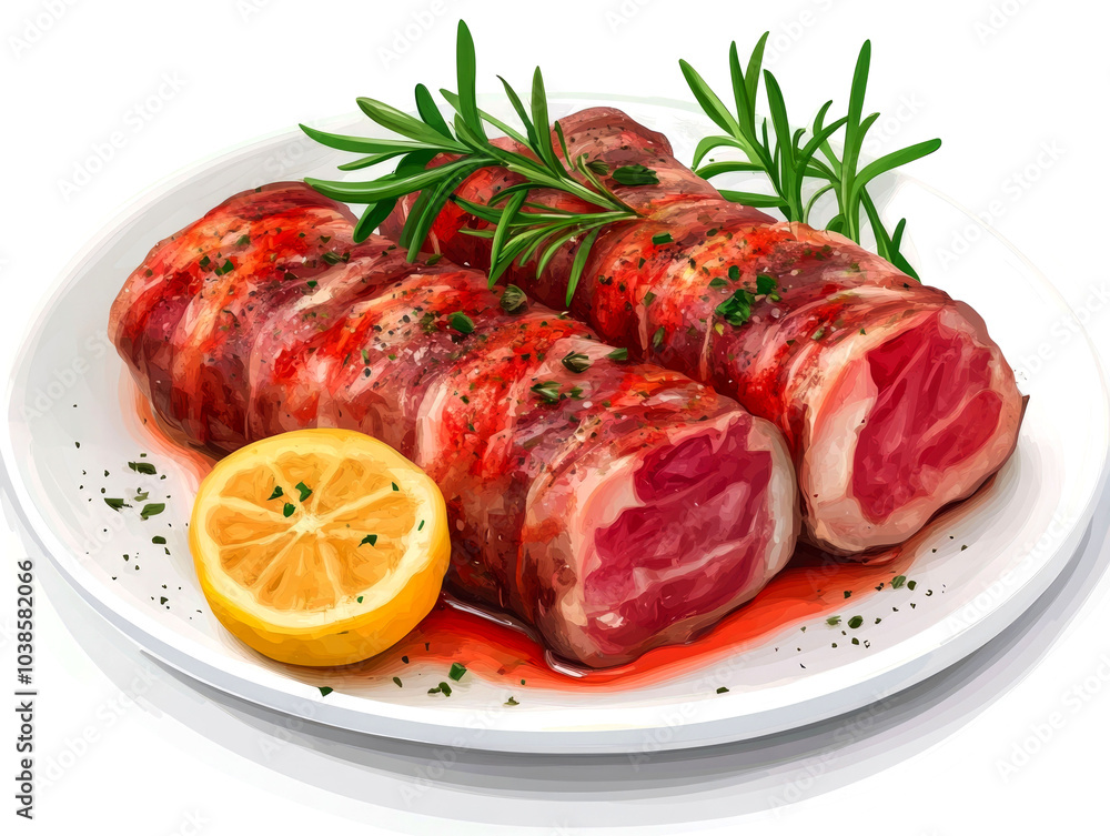 Two bacon-wrapped meat rolls on a white plate with lemon and rosemary sprigs. Two bacon-wrapped meat rolls on a white plate with lemon and rosemary sprigs.