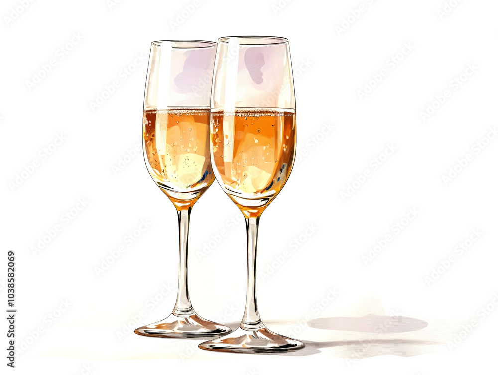 Two champagne flutes filled with golden sparkling wine, isolated on white background. Two champagne flutes filled with golden sparkling wine, isolated on white background.