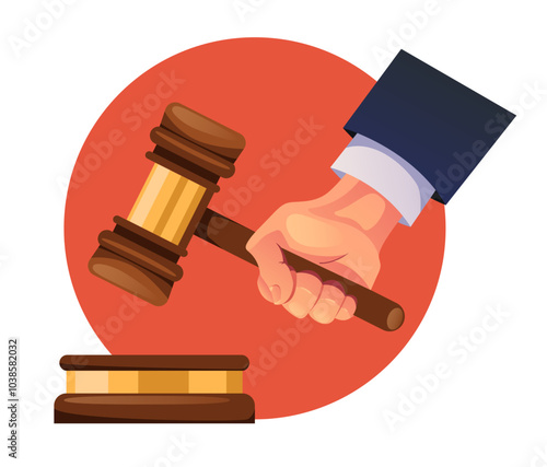 Hand holding judges gavel. Vector flat cartoon illustration	