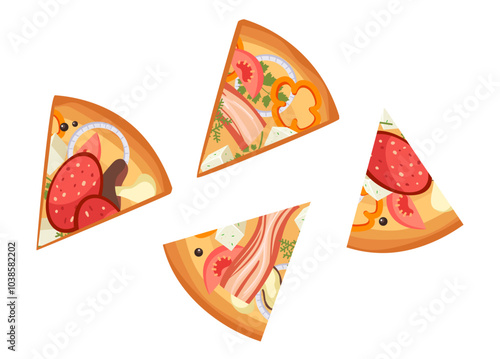 Meat pizza with cheese vegetable slice cheese mushroom isolated set. Vector flat graphic design illustration