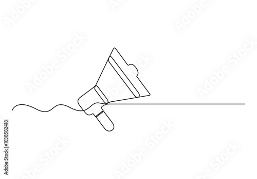 Public horn speaker in one continuous line drawing. Megaphone announce symbol of marketing promotion in simple linear style. Business concept for attention and job offer vector illustration