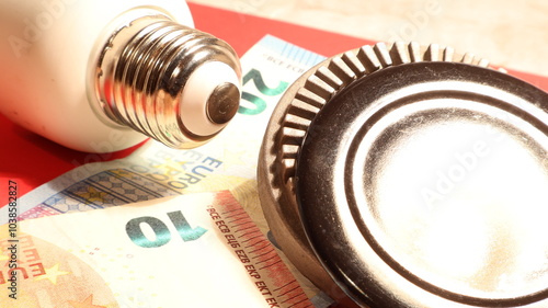 Fototapeta Naklejka Na Ścianę i Meble -  Close-up of Gas and Electricity bills, of light bulb and gas with euro banknotes and red background.