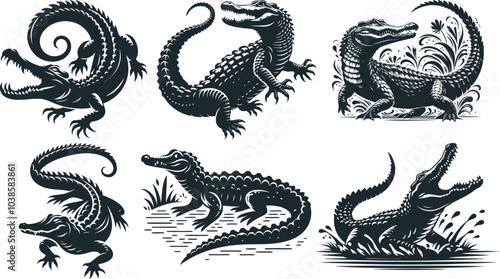 Set Of Alligator Logo Icon Silhouette Symbols Clipart, Alligator Crocodile Logo Concept, Collection Of Alligator Tattoo Design