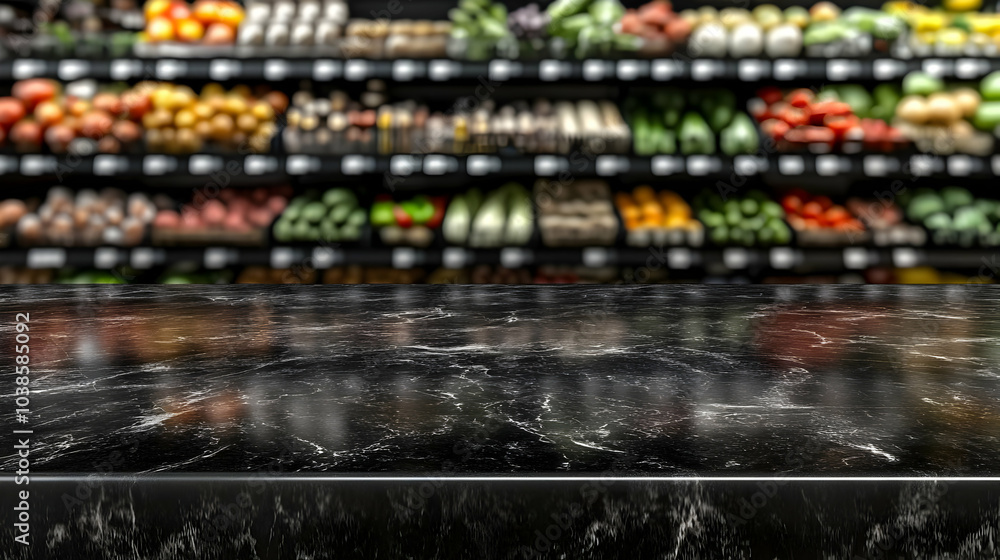 Marble Table Top with Blurred Grocery Background Marble Table Top with Blurred Grocery Background