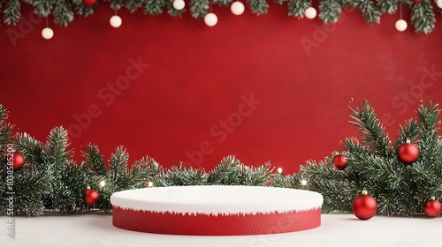 Red Christmas Podium with Snow Holiday Lights and Garlands 3D