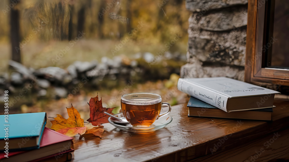 Cup of tea on a wooden rain window sill with books and autumn leaves on a natural background Cup of tea on a wooden rain window sill with books and autumn leaves on a natural background