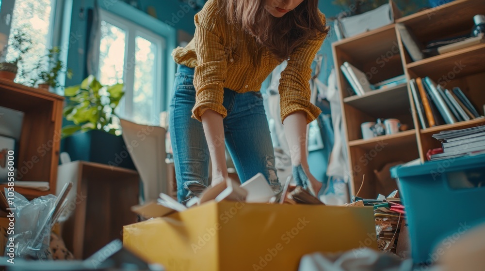 Obraz premium A close-up of a person removing clutter that detracts from the beauty of a room, showcasing tidiness and home improvement