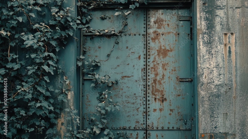 Naklejka premium Closed factory gates with rusting metal and faded paint, symbolizing the decline of industry and the passage of time, reflecting a poignant reminder of economic shifts and the human impact of change