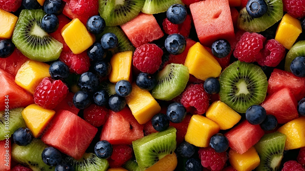 Vibrant Top Down View of Colorful Fruit Platter with Watermelon Kiwi Mango and Blueberries Vibrant Top Down View of Colorful Fruit Platter with Watermelon Kiwi Mango and Blueberries
