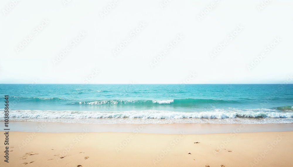 A serene beach scene with a calm, turquoise ocean and soft, sandy shore. The horizon line divides the image, with the sky taking up the top half and the ocean and beach filling the bottom half. A serene beach scene with a calm, turquoise ocean and soft, sandy shore. The horizon line divides the image, with the sky taking up the top half and the ocean and beach filling the bottom half.