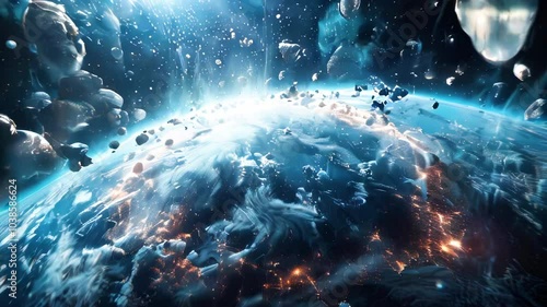 Wallpaper Mural Space storm. Free floating and falling of many dark stones meteorites in space against background of planet. Torontodigital.ca