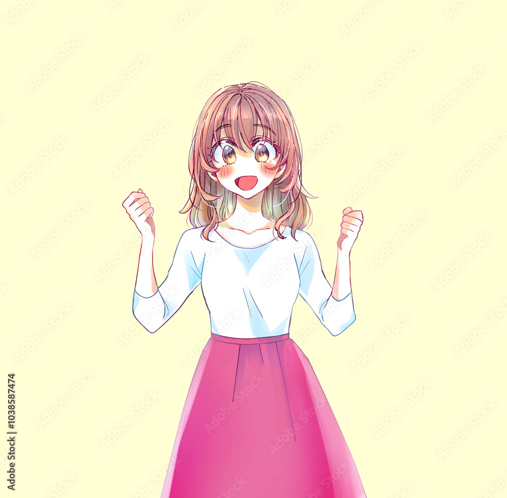 両手で握りこぶしを作る明るい表情の女性 両手で握りこぶしを作る明るい表情の女性