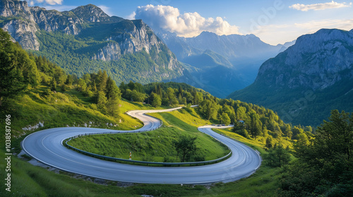 A scenic view of a serpentine road winding through the picturesque mountains . The road is surrounded by lush greenery, vibrant forests, and tall trees